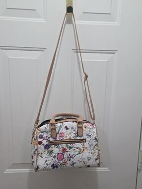 Floral Print Crossbody Satchel - White/Pink Floral with Beige Trim